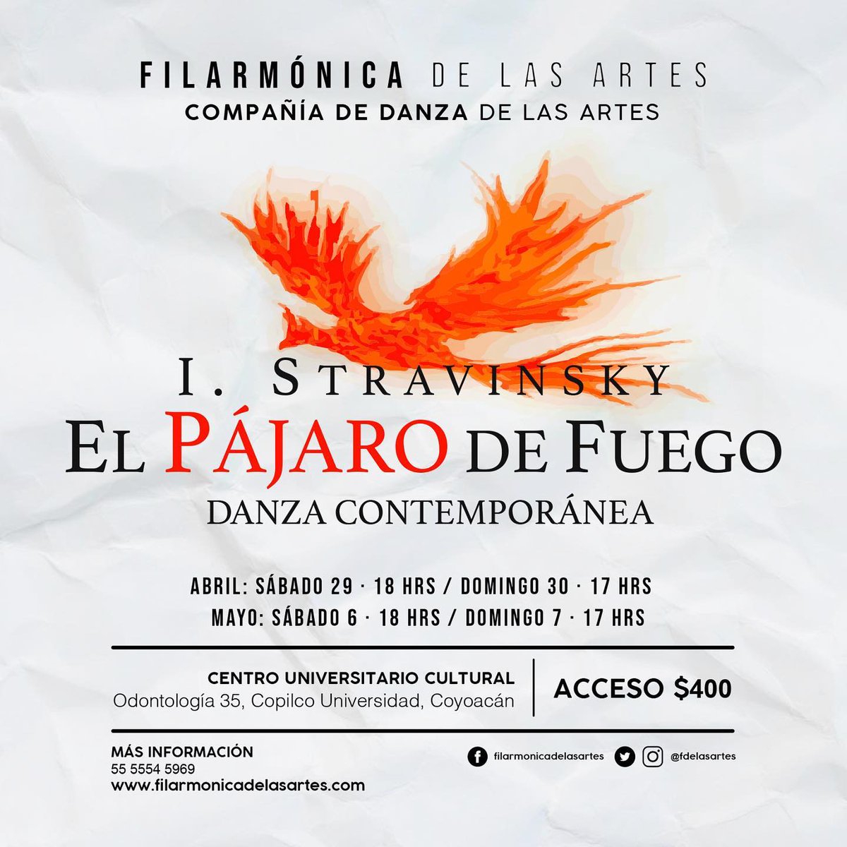 SandymoonMX's tweet photo. Dos obras cumbre de la #danza para la celebración del Día Internacional de la Danza Carmen y El Pájaro de Fuego presentadas por @fdelasartes. Cuatro funciones en el Centro Universitario Cultural los días 29 y 30 de abril y 6 y 7 de mayo #musica #cdmx #sandymon #disecciontv #rt https://t.co/z5jSbGakGA