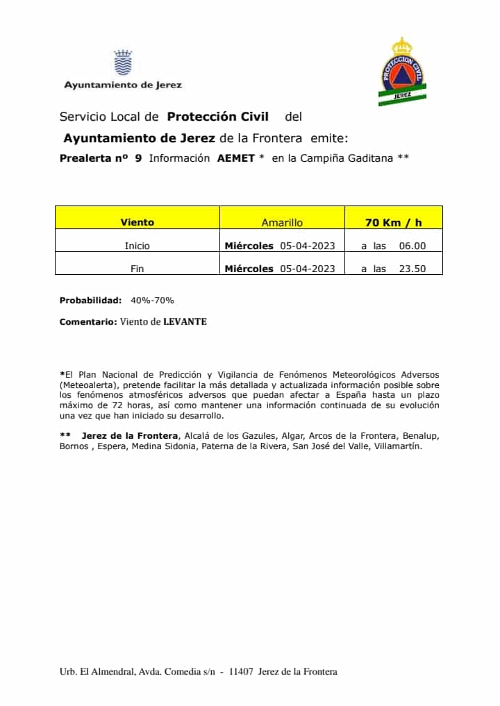 #Jerez Aviso amarillo por #viento de levante hasta 70Km/h   hoy miércoles  de 06.00  a 23.59