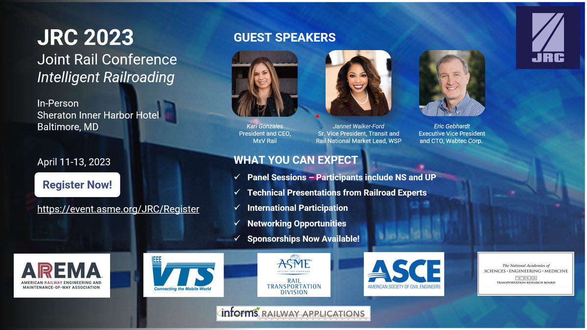 Joint Rail Conference 2023 kicks off in Baltimore next Tuesday! Join <a href="/WeAreMxVRail/">MxV Rail</a> President &amp; CEO Kari Gonzales at the premier technical and international conference of freight and passenger rail disciplines. ow.ly/KEm750NnnI4  #WeAreMxVRail #transportation #JRC2023