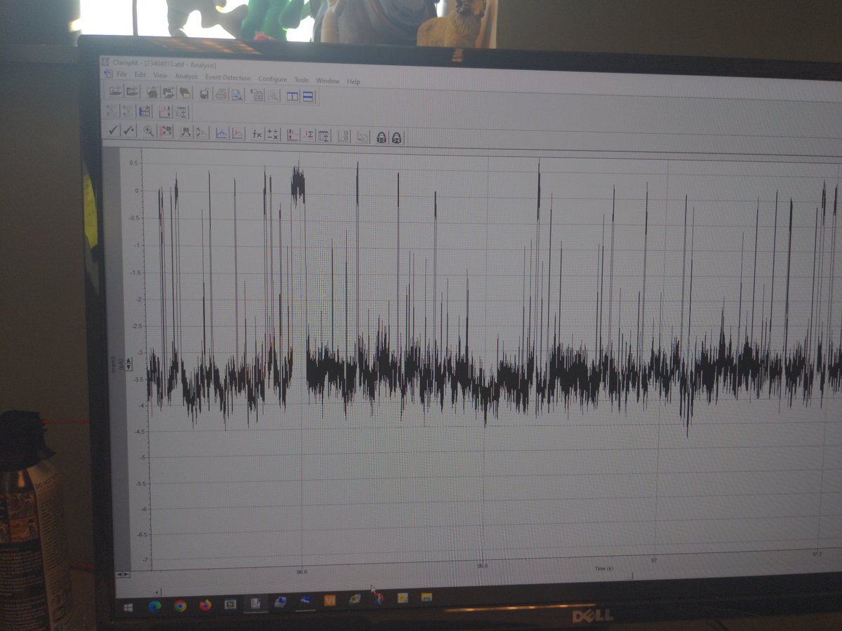 Sylgard quartz pipettes are remarkable. Look at this RMS noise, low pass filtered at 2k! - 80mV outside out patch #electrophysiology #patchclamp