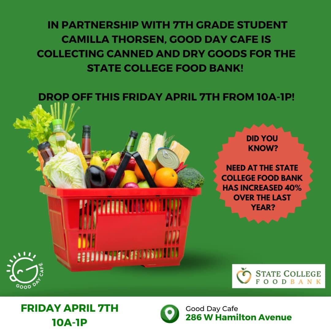 Help support the Food Bank and Camilla’s project - drop off donation at the Good Day Cafe this Friday! #fighthunger