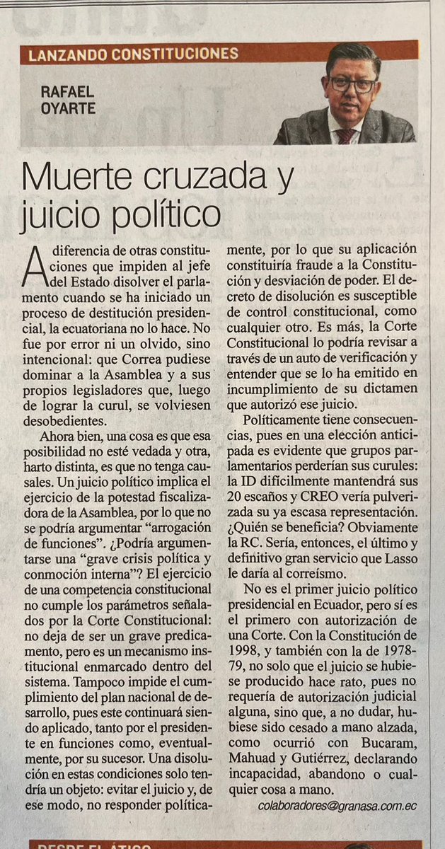OyQEJ's tweet photo. La Constitución no impide que el Presidente disuelva la Asamblea Nacional en medio de un juicio político, pero hay causales que condicionan esa decisión. ¿Es fraudulento hacerlo para evitar un juicio político? ⁦

Lea la columna de @rafaeloyarte en ⁦@Expresoec: https://t.co/4mqJeXfNGS