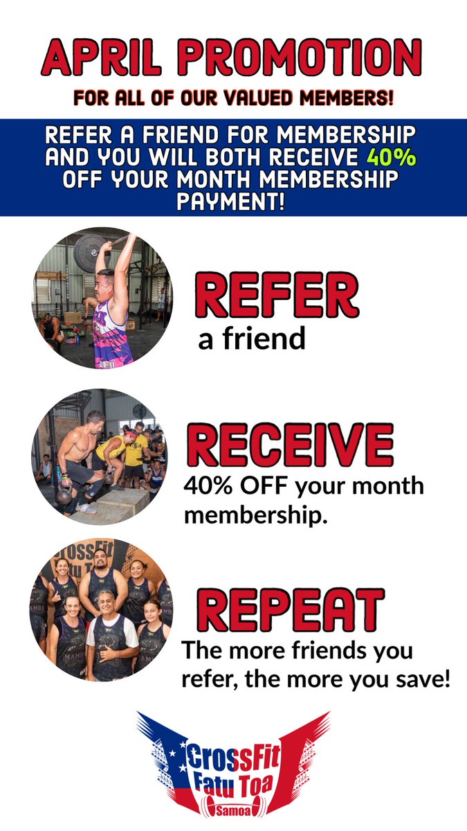 tigersefo's tweet photo. Do you have friends who are members at CrossFit Fatu Toa? Get them to refer you and you’ll both receive 40% off membership 🔥
Become a member and get access to elite coaching, multiple programs, accountability and community 🙏🏽 https://t.co/ucKCeC9faE