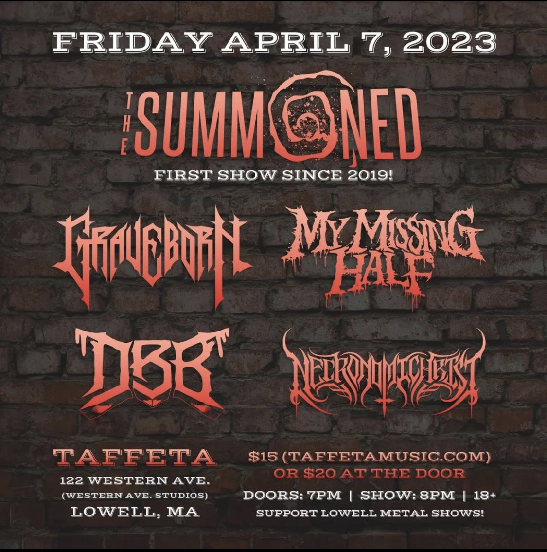 Unloading a bunch of riffs at Taffeta in Lowell MA this Friday 4/7 with the homies in @thesummoned, @dbbthrash, @Graveborn, & #Necronomichrist!
Doors at 7, tix in bio. Come party! 🎉🔥

📸: Michael Alvarez