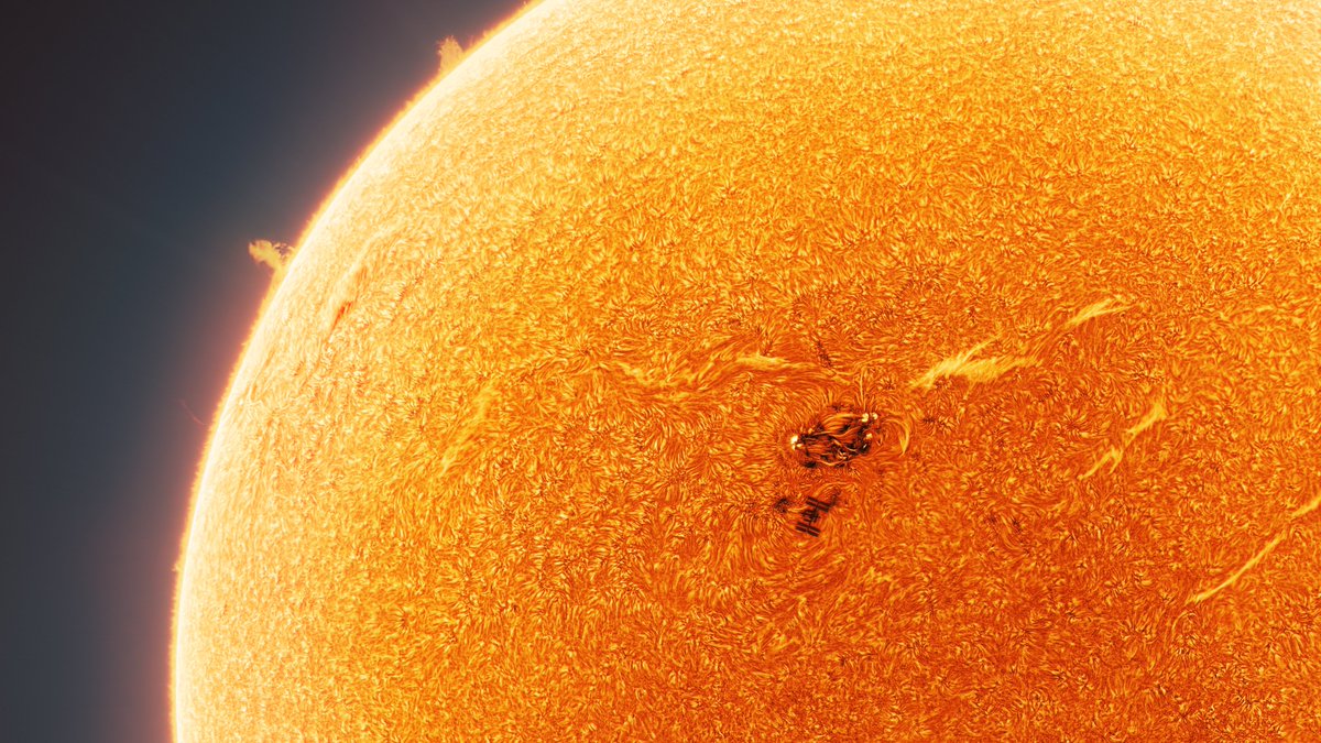 AJamesMcCarthy's tweet photo. This shot required using 3 different telescopes and resulted in me getting stranded in the desert with all my equipment (tire blowout) but I'd say it was worth it. Check out the International Space Station whizzing by a sunspot! https://t.co/lmdMt7RFip