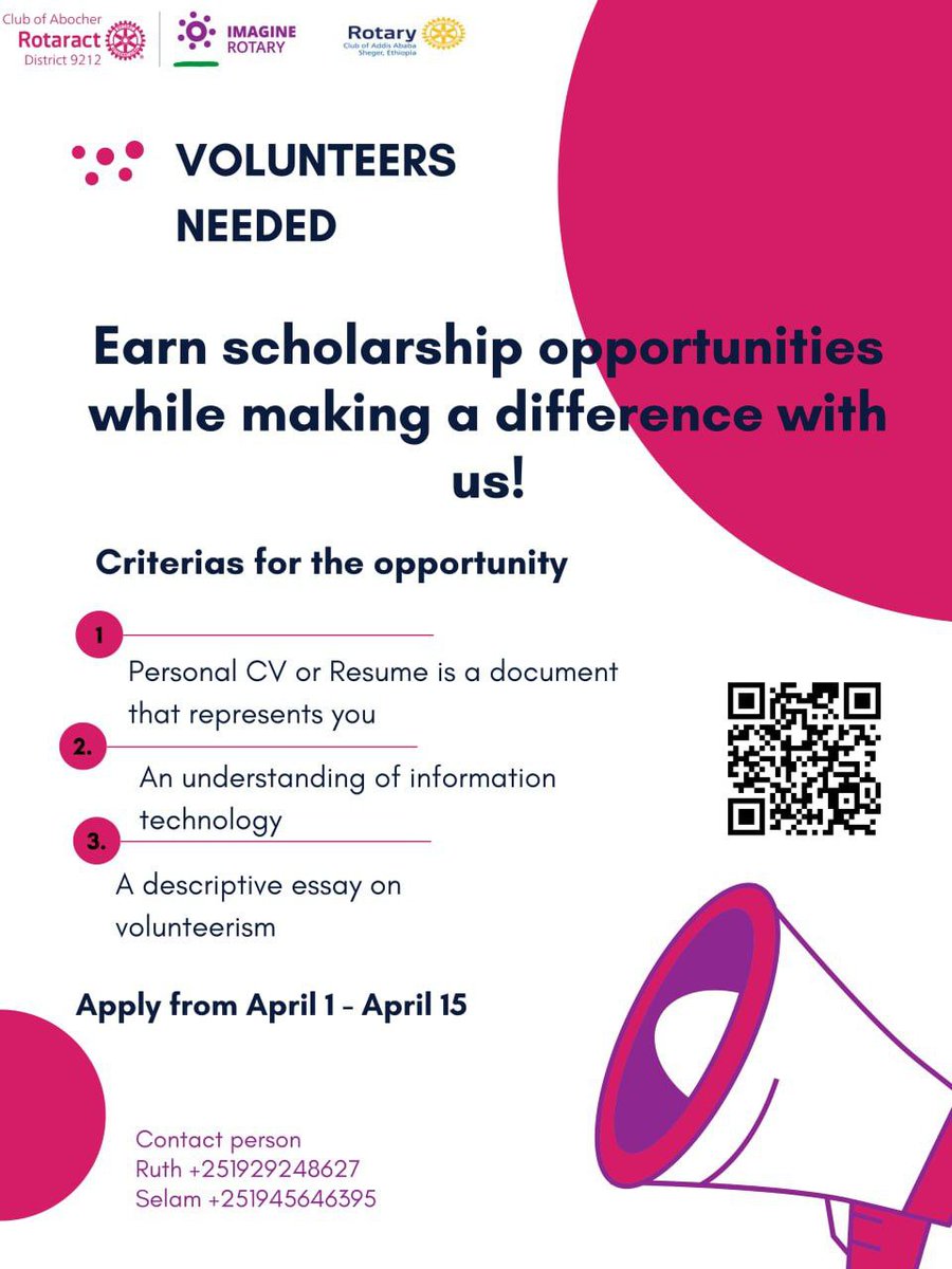 Available scholarship currently,
1. Quality Assurance
2. Cyber
3. Devops
4. Security 
5. Amazon Web Service (AWS)
6.Python
7. Java
8. MuleSoft SharePoint

#rotary #Rotary club of Addis Ababa Sheger #rotaract #Rotaract Club of Abocher

For Registration - docs.google.com/forms/d/e/1FAI…