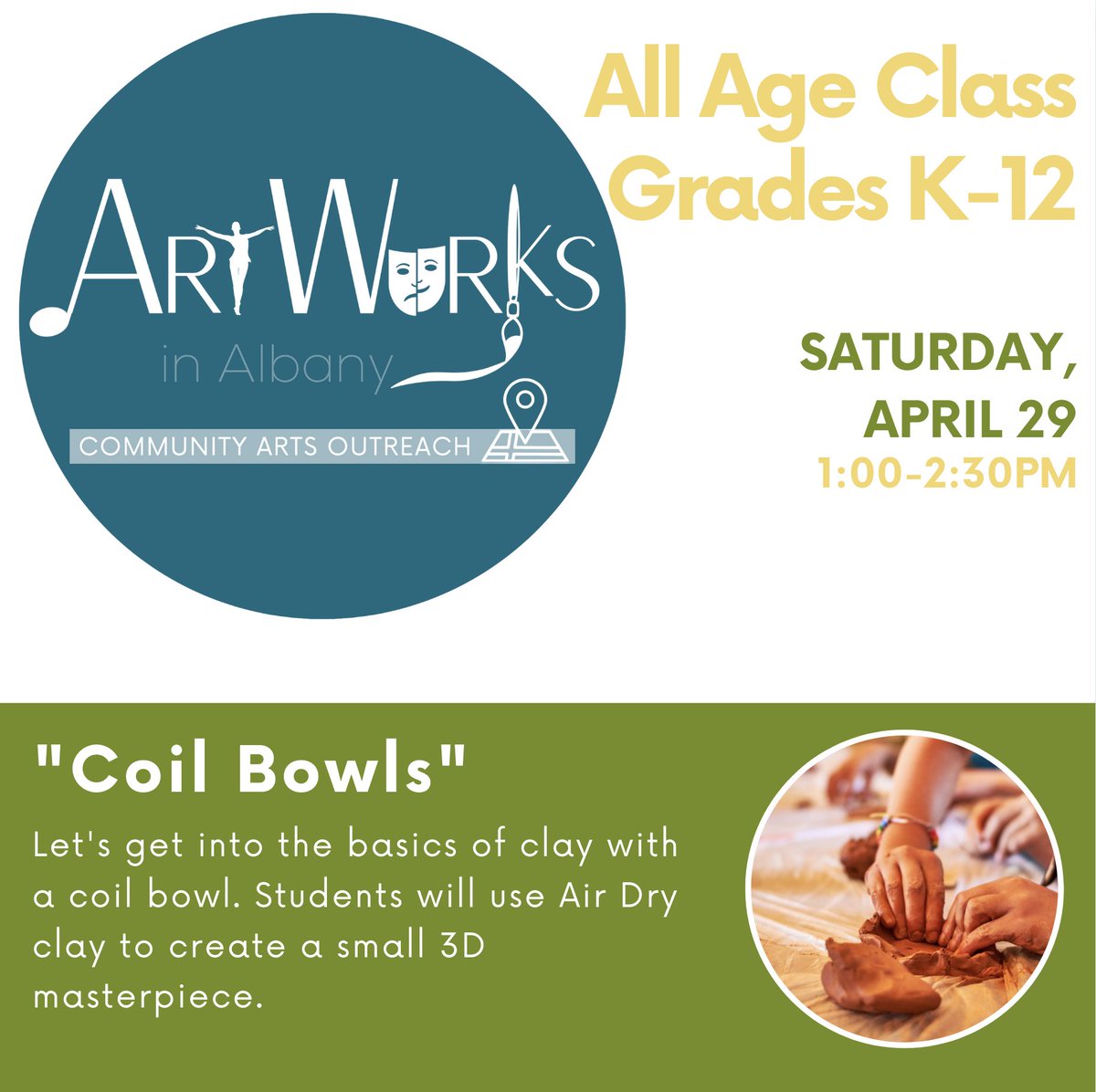 ArtWorksRC's tweet photo. Albany friends! 
Join us on Saturday, April 29th for an ArtWorks Pop-Up Workshop! We will be sculpting coil bowls along with some other spring-themed activities. For more information and to register, visit https://t.co/PpuEilQzCH. The deadline to register is Friday, April 21st. https://t.co/rJdruVDUat