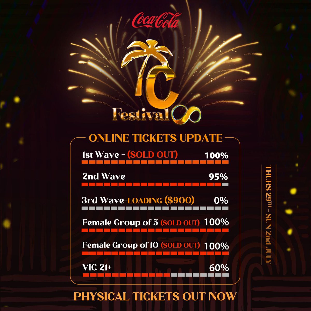 Coca Cola Island Crashers ticket update!

Online tickets are almost all gone!😳

Tickets available online on  islandetickets.com 

Physical tickets are out NOW via official committee members ONLY‼️

Don’t know a committee member? Send us a dm and we will assist you. 🙌🏽