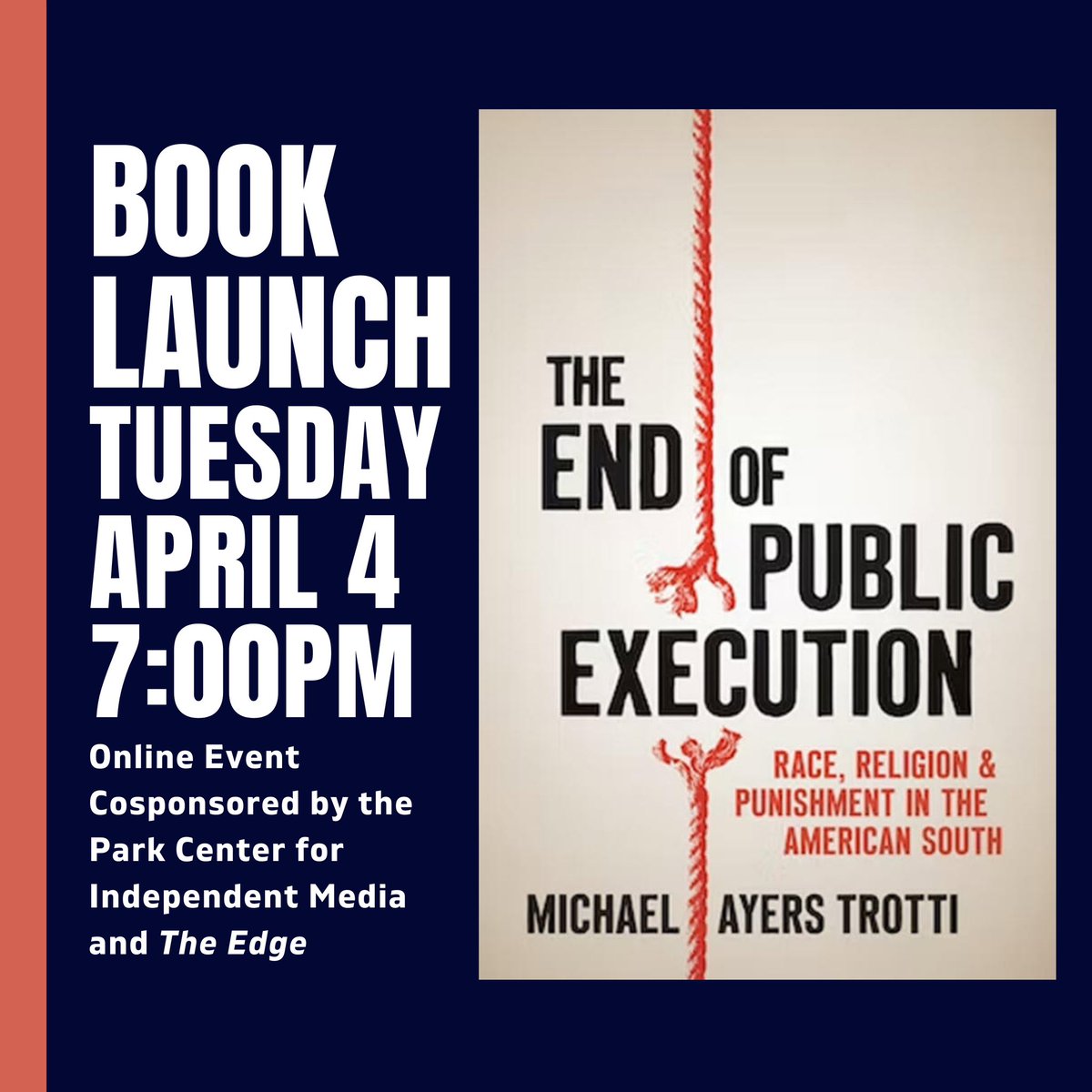 It’s almost time! Join us for the international launch of Michael Trotti's new book, The End of Public Execution: Race, Religion, and Punishment in the American South. Press the link below to register for the zoom event. 

ithaca.zoom.us/meeting/regist…