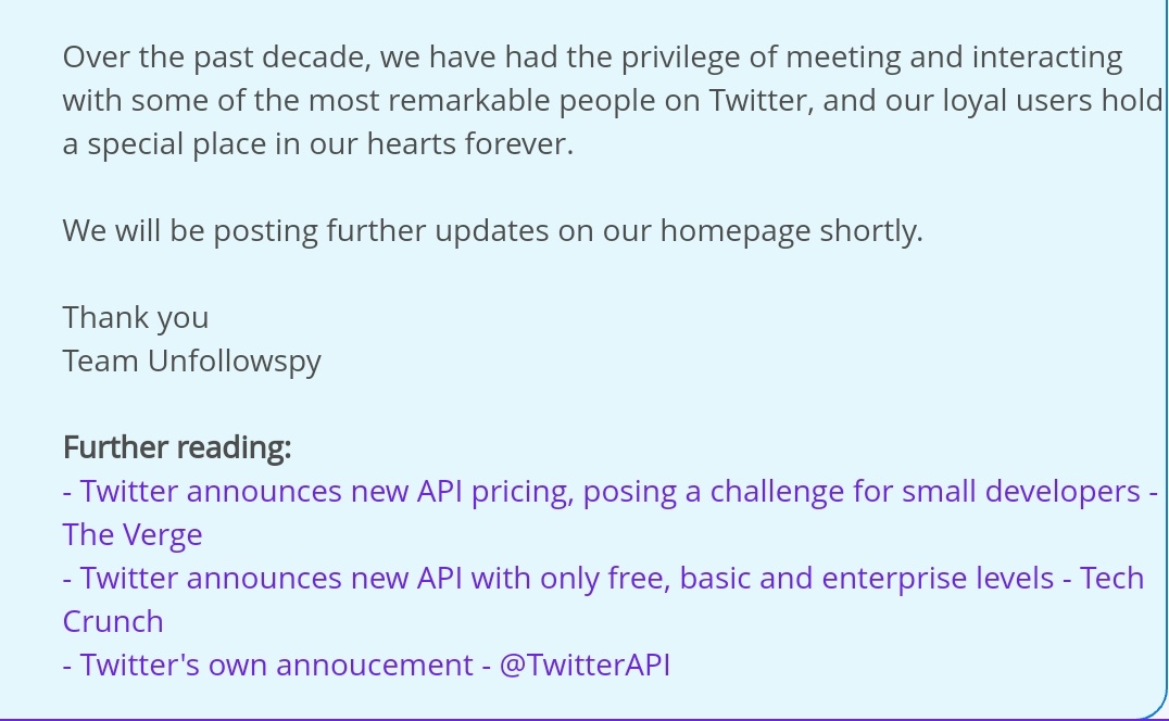 TheTamarDick's tweet photo. More great news for small, struggling developers, startups, researchers, and students...
Thanks, Elon. 🙄

READ MORE:
📰https://t.co/zEgbk1rMez
🗞️https://t.co/Z6IZ7sWuZq
📰https://t.co/g6gYGo0LBe

@unfollowspy🫧#TwitterAPI🫧#APIaccess🫧#DeveloperCommunity🫧#NoResearchWithoutAPI https://t.co/Je2eql8qQb