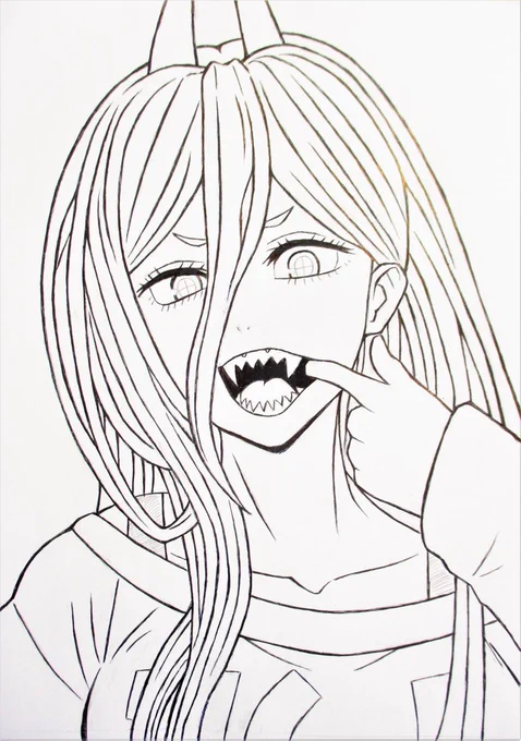 チェンソーマンのパワーの線画(ペン入れ)です🖋 後日、色塗り予定です😌 #チェンソーマン #パワー #アナログ #イラスト #絵描きさんと繋がりたい #illustration