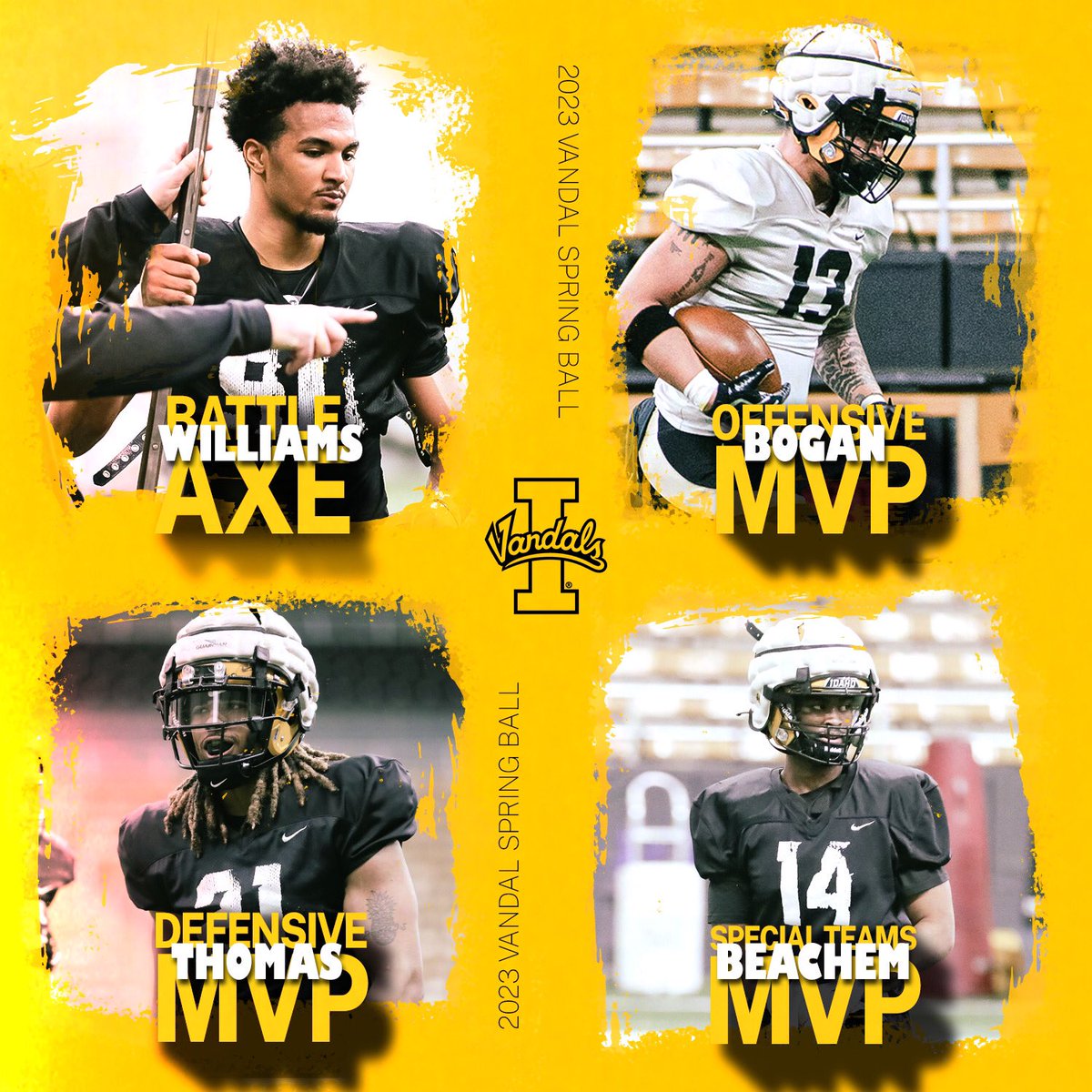 Idaho Football (@vandalfootball) on Twitter photo Practice three awards!
<a href="/Malakaiwillia13/">Malakai.Williams</a> ➡️🪓
<a href="/cbreez_fr/">Chance Bogan</a> ➡️Offensive MVP
<a href="/trethomas21/">TreThomas</a> ➡️Defensive MVP
<a href="/kyrinb4/">Kyrin Beachem</a> ➡️Special Teams MVP
#GoVandals Practice three awards!
<a href="/Malakaiwillia13/">Malakai.Williams</a> ➡️🪓
<a href="/cbreez_fr/">Chance Bogan</a> ➡️Offensive MVP
<a href="/trethomas21/">TreThomas</a> ➡️Defensive MVP
<a href="/kyrinb4/">Kyrin Beachem</a> ➡️Special Teams MVP
#GoVandals