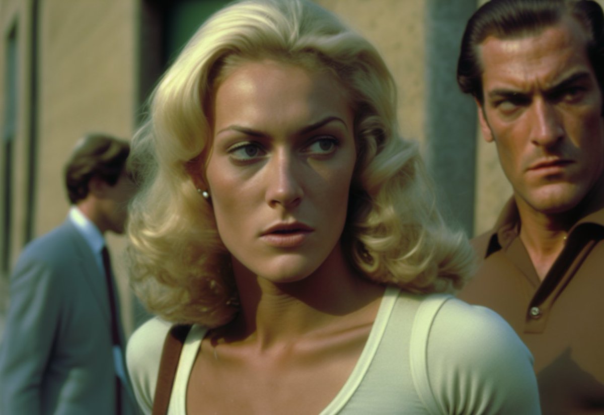 This is way too much fun. 

1960s italian buddy cop movie capture, capturing a man in his 40s walking next to a blond woman, medium close up body shot, sharp focus, mid day, soft light, cinematic, low light photography --ar 4:3