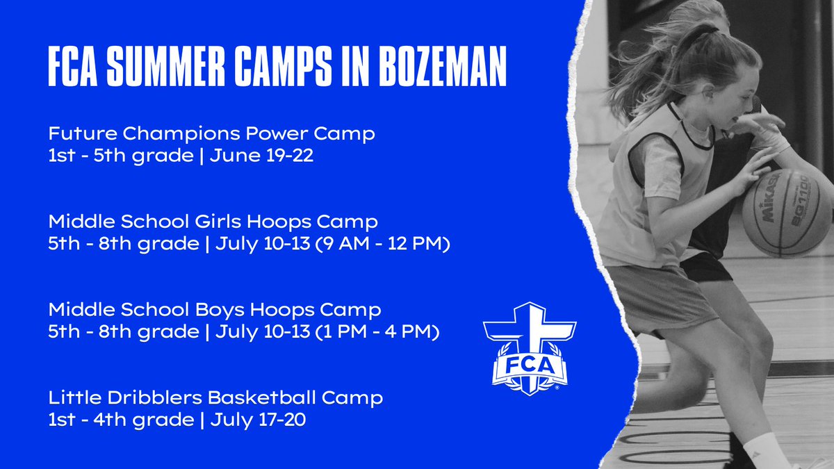 FcaGallatin's tweet photo. Looking for a summer camp in Bozeman? 
Check out https://t.co/404LY3g6qL to see our four FCA camp options in June and July. $25 off if you register by May 1!
#FCAgreater 
#summercamp 
#basketballcamp https://t.co/Pp4NBMYQ6z