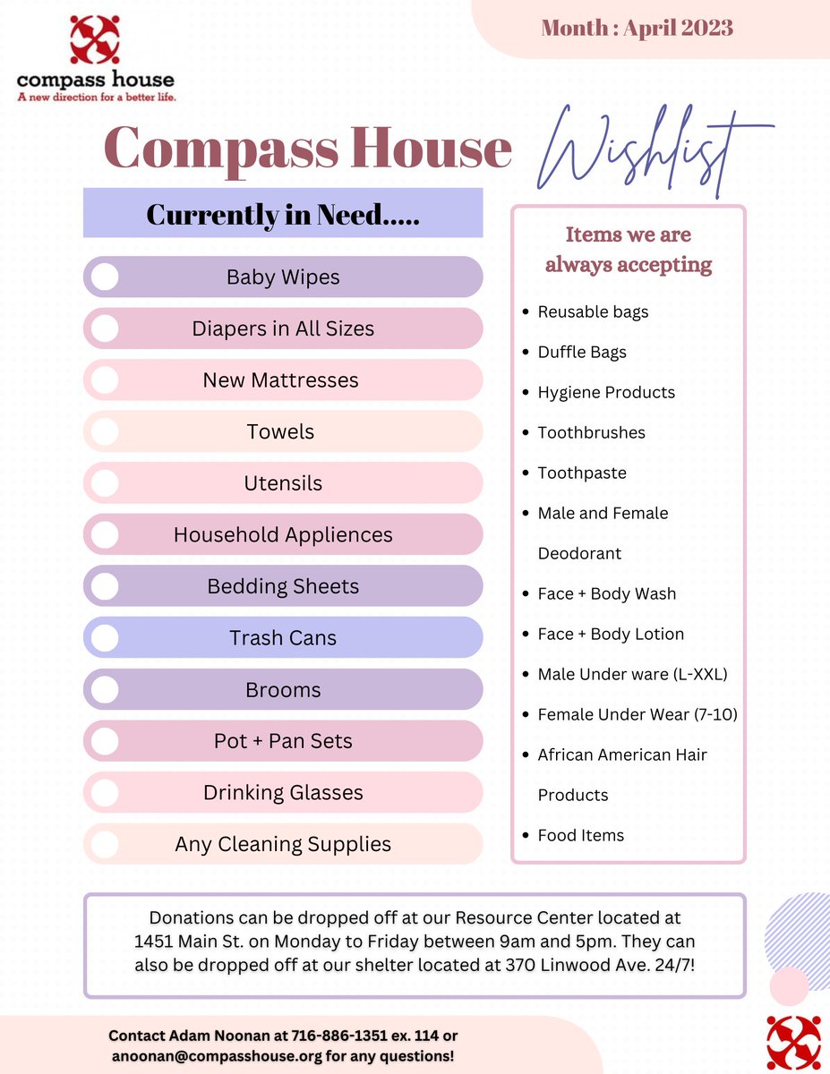 Check out our Donations Wishlist for April! We are seeking these items to help homeless youth ages 11-24 in the Buffalo Community. There are a projected 2,000+ homeless youth in our area and they need your help more than ever!