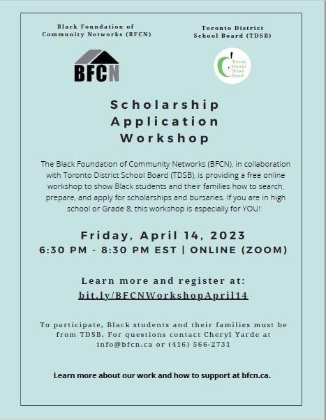 Centre of Excellence for Black Student Achievement (@tdsb_cebsa) on Twitter photo Are you interested in learning about scholarship opportunities? The Black Foundation of Community Networks (BFCN) and the TDSB are hosting a Scholarship Application Workshop for Black students & their families.
Register: bit.ly/BFCNWorkshopAp…
<a href="/BFCN2011/">BFCN</a> <a href="/tdsb/">Toronto District School Board</a>
#tdsbcebsa #tdsb Are you interested in learning about scholarship opportunities? The Black Foundation of Community Networks (BFCN) and the TDSB are hosting a Scholarship Application Workshop for Black students & their families.
Register: bit.ly/BFCNWorkshopAp…
<a href="/BFCN2011/">BFCN</a> <a href="/tdsb/">Toronto District School Board</a>
#tdsbcebsa #tdsb