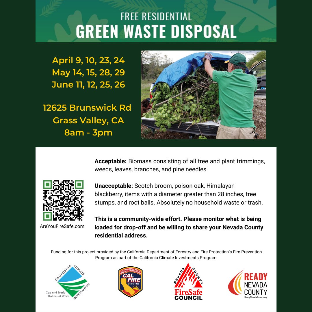 NCCFIRE's tweet photo. Free Residential Green Waste Disposal Dates. Please make sure what you are dropping off is acceptable and be prepared to share your Nevada County residential address. Mulch is also available for delivery. Please contact @firesafecouncil for more information. https://t.co/1z74i5te7R