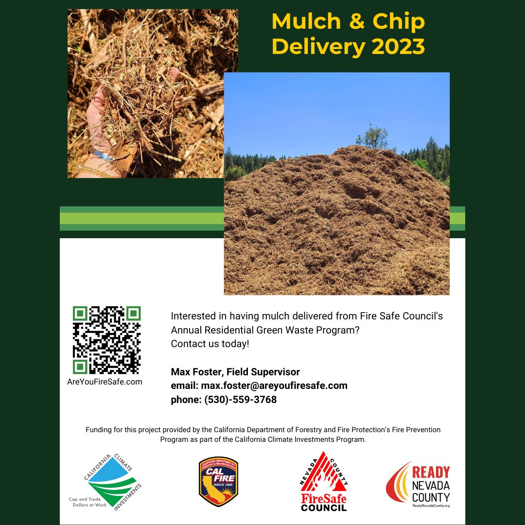 Free Residential Green Waste Disposal Dates. Please make sure what you are dropping off is acceptable and be prepared to share your Nevada County residential address. Mulch is also available for delivery. Please contact <a href="/firesafecouncil/">Andrew List</a> for more information.