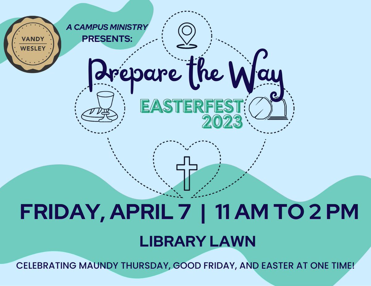 VUSpiritualLife's tweet photo. Join Vandy Wesley for these events for holy week &amp; Easter:
~Prepare the Way: EasterFest 2023 - Friday, April 7, 11-2 pm; Library Lawn (w/ inflatable obstacle course)
~Music, meditation, contemplative worship practices - Monday, April 10, 8 pm; Benton Chapel (w/ Blair musicians) https://t.co/gHDb4Atca5