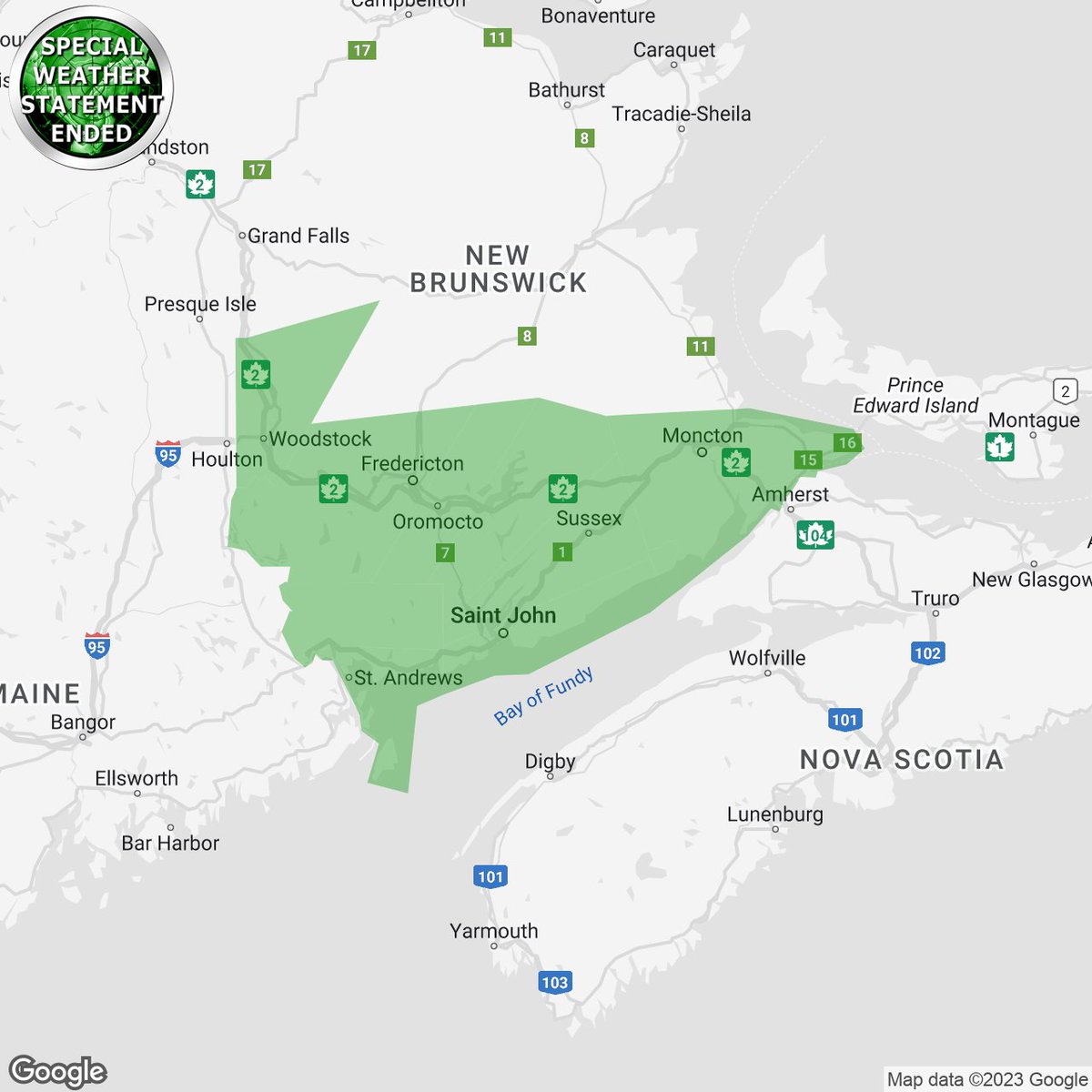 IWeatherNB's tweet photo. #nbstorm 3:41p SPECIAL WEATHER STATEMENT ENDED by Environment Canada

Fredericton And Southern York County
Fundy National Park
Grand Lake And Queens County
Grand Manan And Coastal Charlotte County
Moncton And Southeast New Brunswick
Oromocto And...

https://t.co/UJGn7elvlb https://t.co/fYnlyr9Gxx