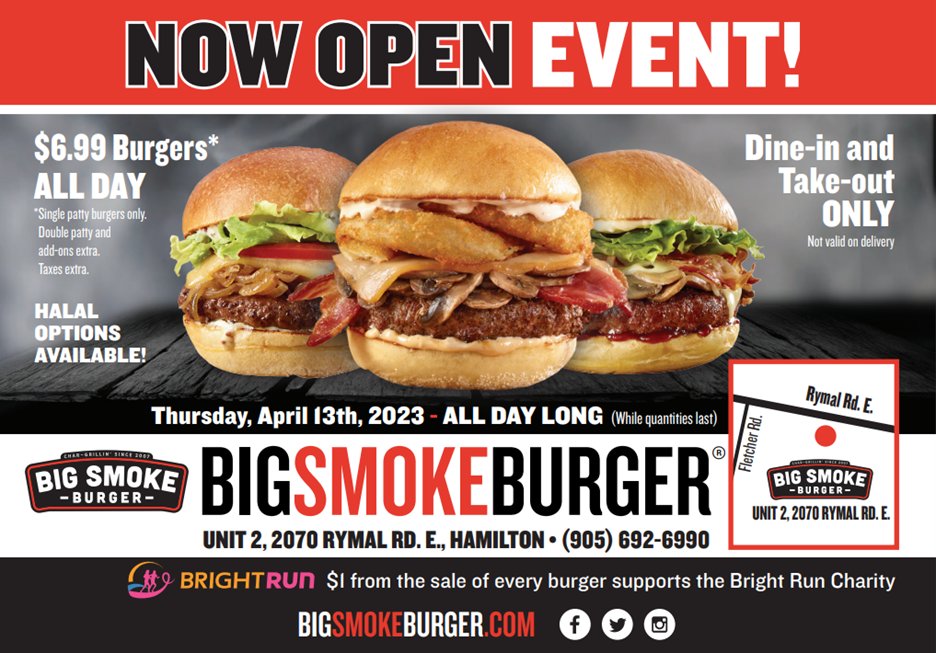 Hey Hamilton! We want you to join us on Thursday, April 13th to enjoy $6.99 Big Smoke Burgers ALL DAY LONG! Read our flyer for more information and learn more on our website in the link in our bio! Follow the Hamilton team on their social media @bigsmokeburger_hamilton