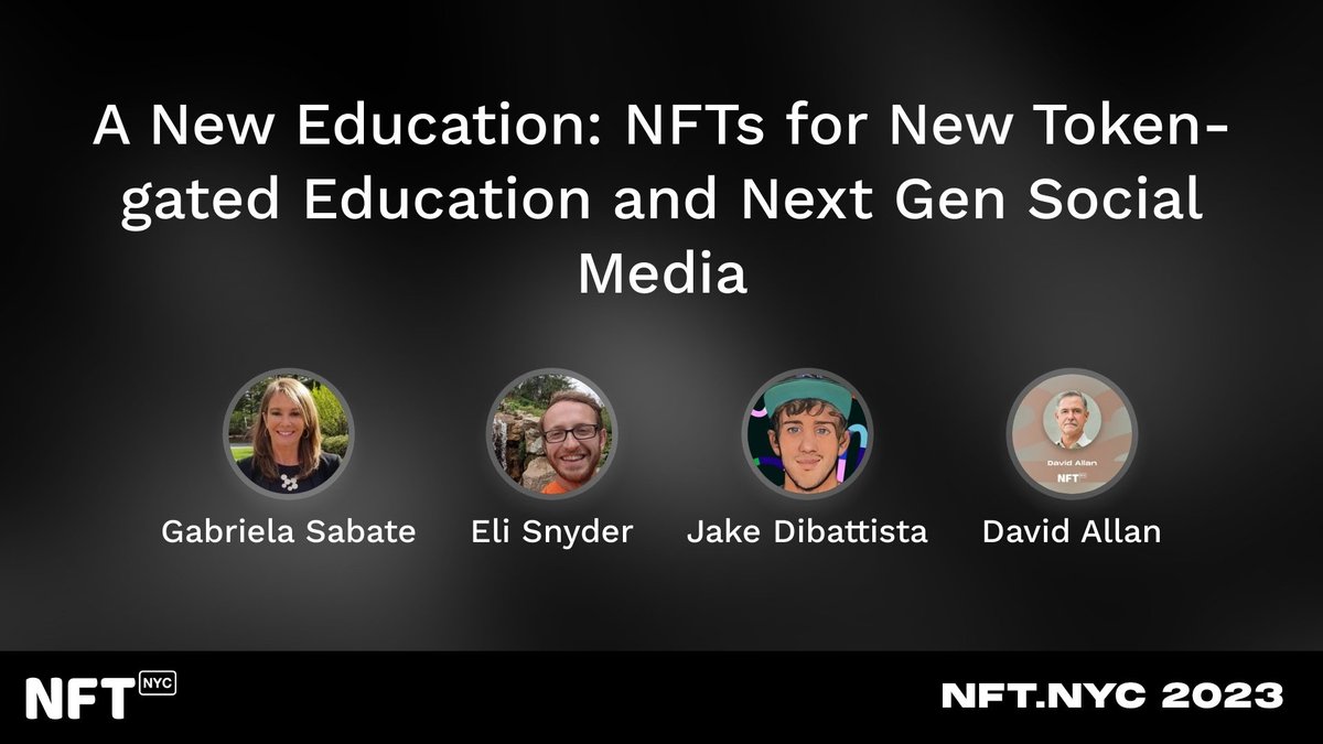 Will you be at NFT.NYC? Come say hi! 

Our panel on NFTs in Education
📅 Wed 4/12, 1pm EST
 
🟡Eli Snyder <a href="/LockFryer/">Lock</a> - Educator, Consultant
🟡Jake Dibattista <a href="/jakediba/">Jake Dibattista</a> -  @EducoinNFT  
🟡David Allan <a href="/dallan1000/">David Allan</a> - <a href="/NFTPhD/">NFT PhD</a> 
🟡Gabriela Sabate <a href="/gsabate/">Gabriela Sabate</a> - <a href="/primeroweb3/">Primero3</a>