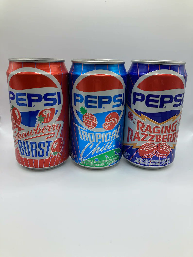 Snack_Memories's tweet image. Pepsi Wild Bunch (1991-1991): In an effort to shake things up, Pepsi released a line of fruit-flavored colas--Strawberry Burst, Raging Razzberry, and Tropical Chill (pineapple-orange). Despite their nifty can designs, they never made it past the test markets