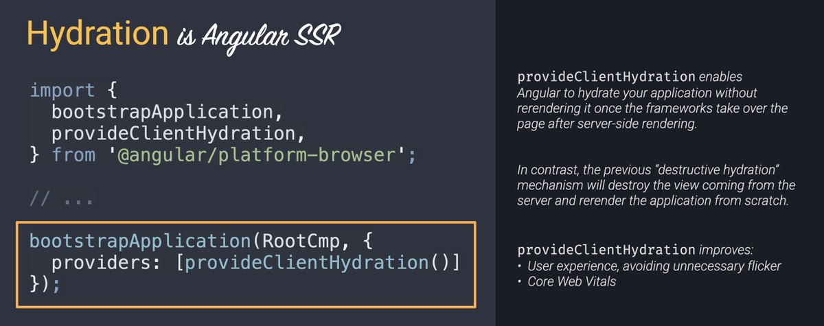 We just landed hydration in Angular! You can try it in the prerelease of v16 on Wednesday 🔥

- No flicker due to rerendering when using SSR
- Better Core Web Vitals. 45% improvement in LCP based on early testing

github.com/angular/angula…