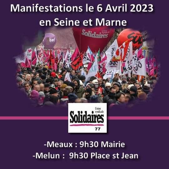 Sud_ptt77's tweet photo. MANIF LE 6 AVRIL DANS LE 77 
Coulommiers : Rassemblement 10h30 sous la Halle.
Meaux : Manifestation 9h30 Place de la mairie
Melun : Manifestation 9h30 Place St Jean 
Nemours : manifestation 9h30 lycée Bezout 
Montereau : Manifestation 9h45 Place Lepesme https://t.co/iqQCzy45V4