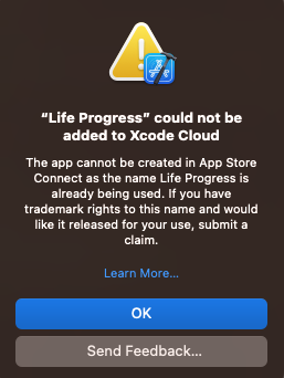 Bartozo_'s tweet photo. Facing naming issues with #XcodeCloud for "Life Progress". Any creative name suggestions or tips to resolve this?🤔💡Let's brainstorm together! 

#buildinpublic #iOSDev #indieDev #AppStoreConnect #AppDevelopment https://t.co/c5erxMLtV2
