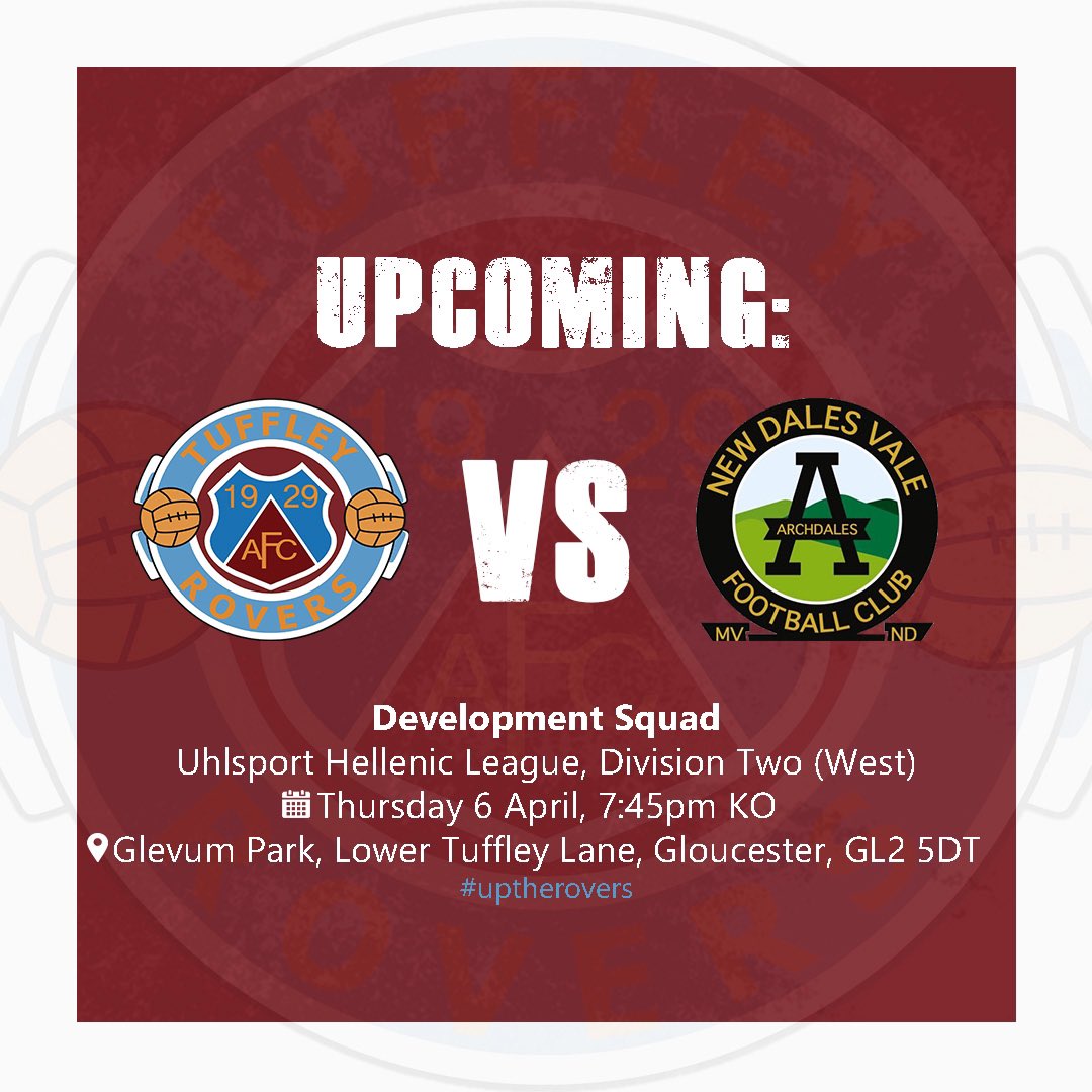 TuffleyRoversFC's tweet photo. We host 2 games at Glevum Park this midweek, ahead of the Bank Holiday weekend.

First, our @TuffleyRovers18 host @SaracensFC in the @CheltYFL Floodlit Lge on Wednesday evening (7:30pm).

Then!on Thursday our @HellenicLeague Development Squad host @NewDalesValeFC in @ 7:45pm KO. https://t.co/13yJUKLjRB