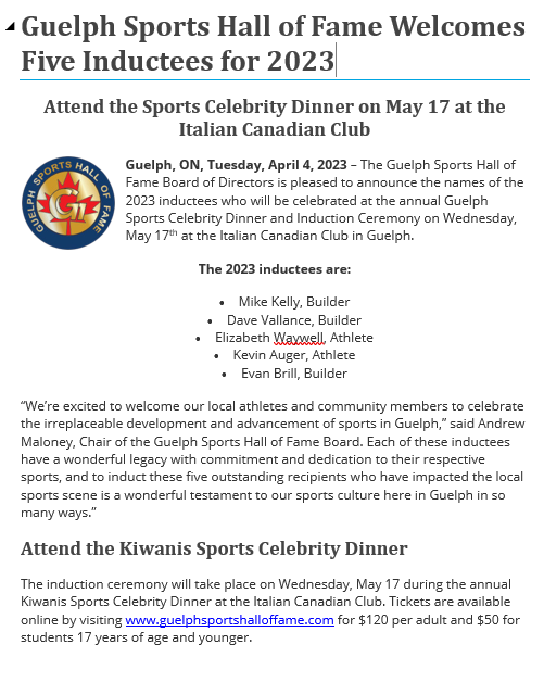 GuelphSportsHOF's tweet photo. The 2023 Induction Class for the Guelph Sports Hall of Fame has been announced:  Mike Kelly, Dave Vallance, Elizabeth Waywell, Kevin Auger and Evan "Chesty" Brill are this year's inductees.  Dinner Wed. May 17th at ICC in Guelph. https://t.co/CbfuthEqFc