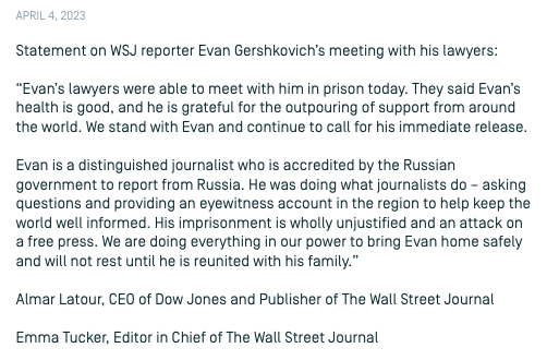 Statement on @WSJ reporter Evan Gershkovich’s meeting with his lawyers from Almar Latour and Emma Tucker dowjones.com/press-room/apr…