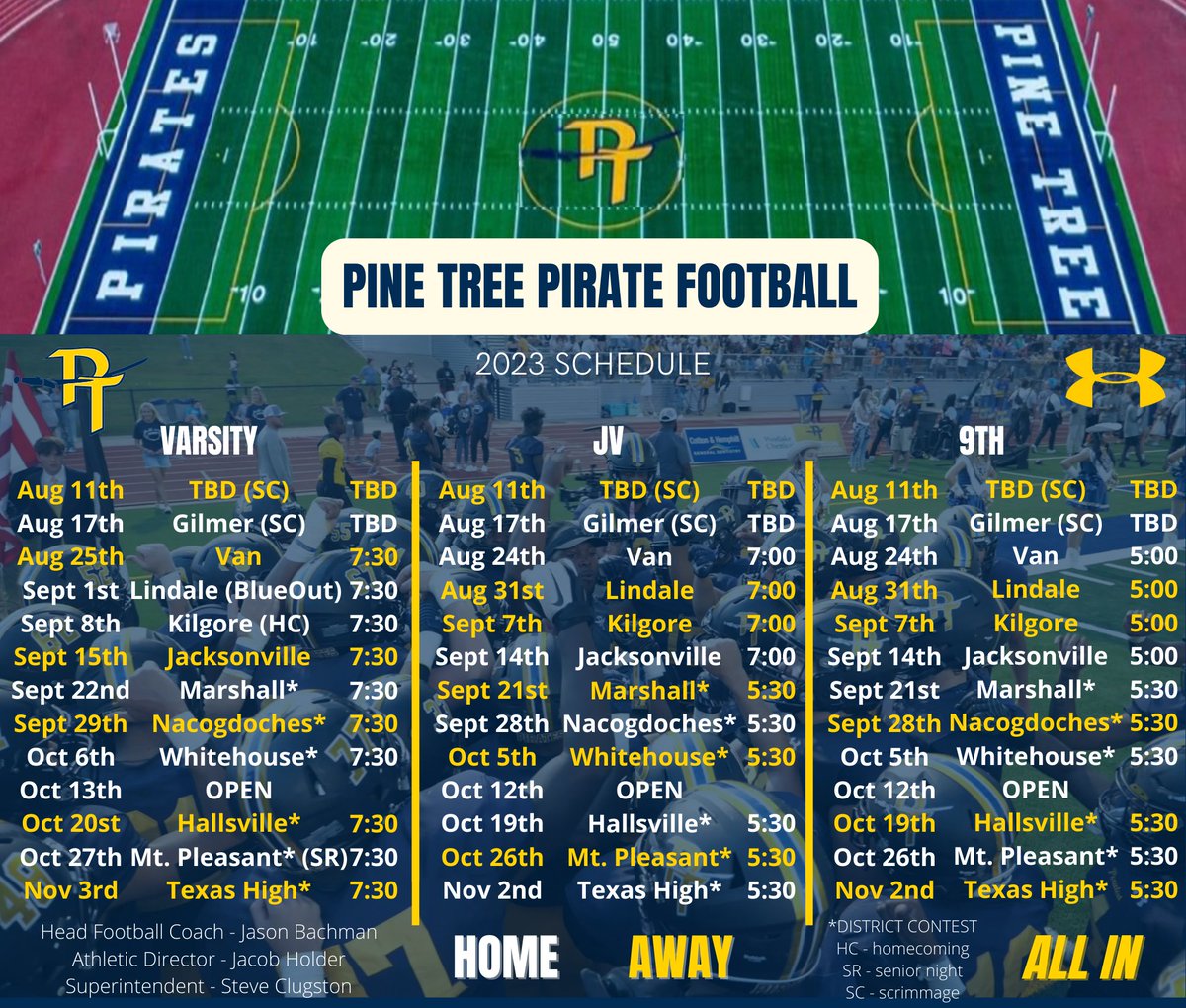 🏴‍☠️ 2023 Varsity/JV/9th Football Schedule 
#ALLIN