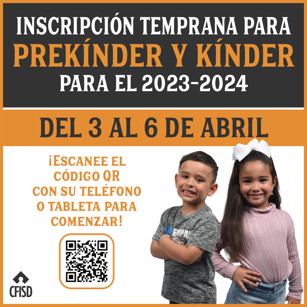 .@CyFairISD Padres de niños de prekínder y kínder que van a comenzar la escuela, ¡continúa la inscripción para el año escolar 23-24! Nuestra plataforma de inscripción en línea está abierta para los estudiantes más pequeños del 3 al 6 de abril. Detalles: cfisd.net/Page/3676