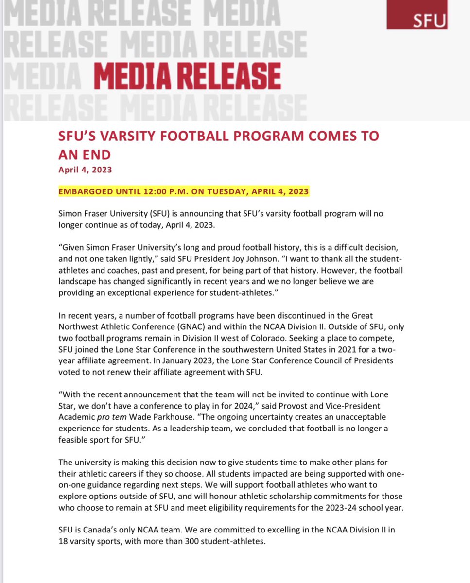 FarhanLaljiTSN's tweet photo. Disappointed doesn’t begin to describe how I feel in confirming that my alma mater @sfu is in fact dropping the @SFUFootball program, effective immediately, after 57 years. 
This decision stems from @LoneStarConf not renewing its agreement with SFU to be a 🏈 only member… 1/5 https://t.co/HM39WyFomq