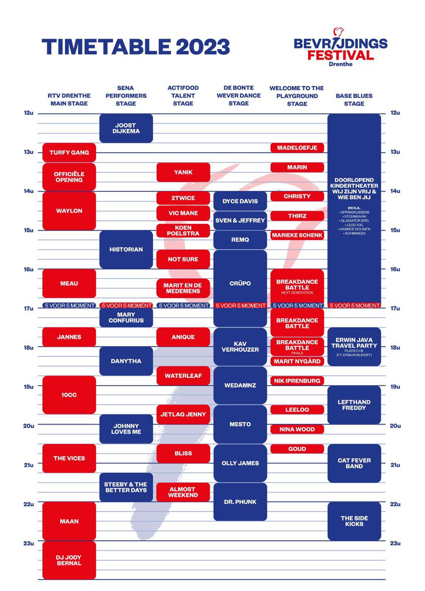 We kregen er al veel vragen over maar hier is de officiële timetable voor Bevrijdingsfestival Drenthe 2023! 🤩🤩

Voor welke artiest kom jij absoluut naar Assen? 🇳🇱🎶🎤

#bfd23 #timetable 
#assen #drenthe 

<a href="/RTVDrenthe/">RTV Drenthe</a>  <a href="/DeBonteWever/">De Bonte Wever Assen</a>  <a href="/KunstCultuur/">Stichting Kunst & Cultuur</a> <a href="/ICOkunsten/">ICO Centrum voor Kunst & Cultuur</a>