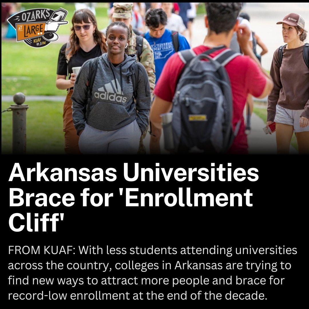 KUAF/Ozarks at Large (@ozarksatlarge) on Twitter photo National trends predict a drop college enrollment later this decade. Arkansas schools are trying to shift practices to weather the coming hardships.
Producer <a href="/DHCaruth/">Daniel H. Caruth</a> explains in this 12-minute listen.
Listen here: kuaf.com/show/ozarks-at⦠National trends predict a drop college enrollment later this decade. Arkansas schools are trying to shift practices to weather the coming hardships.
Producer <a href="/DHCaruth/">Daniel H. Caruth</a> explains in this 12-minute listen.
Listen here: kuaf.com/show/ozarks-atā¦
