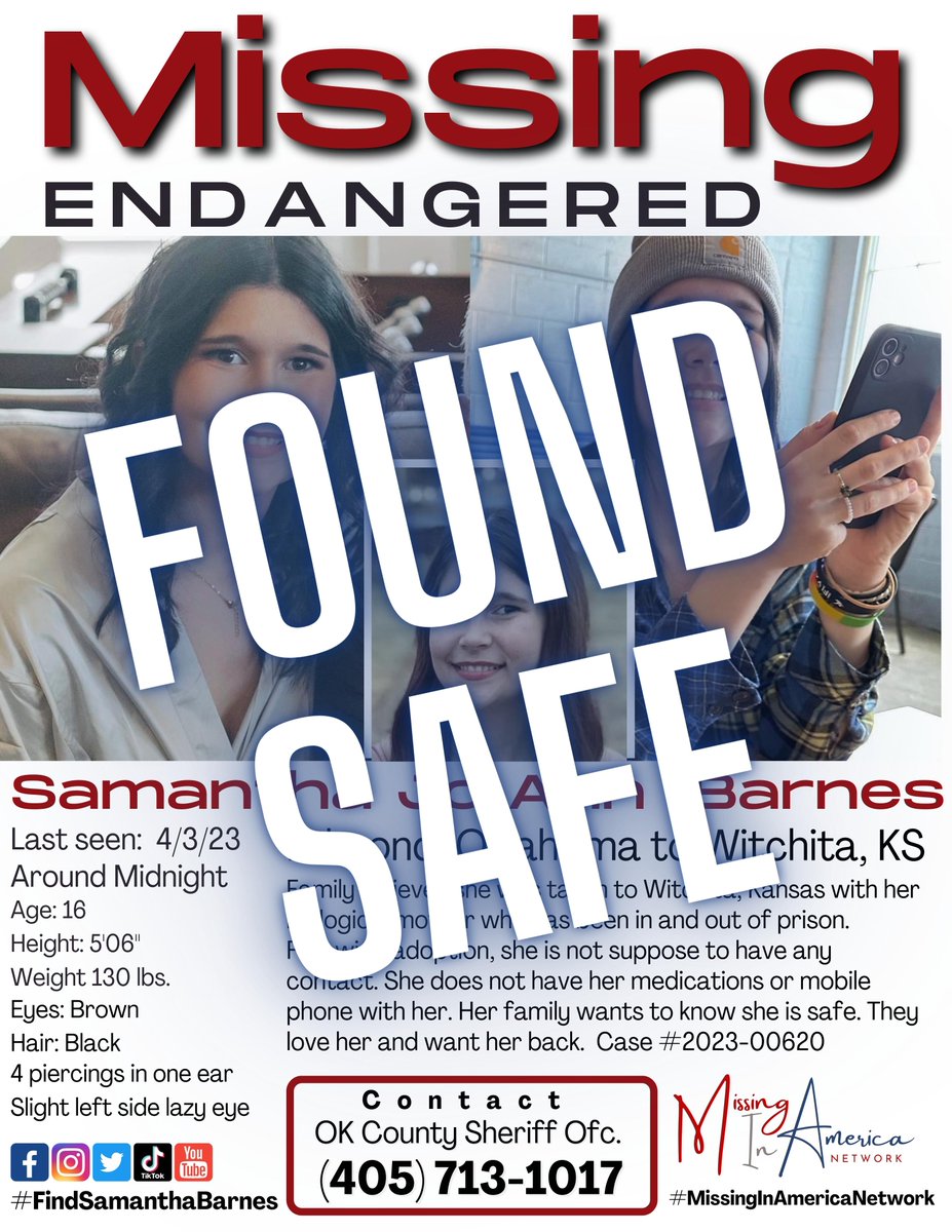 Samantha has been FOUND SAFE by the Witchita Police.  Thank you everyone for #CaringAndSharing.