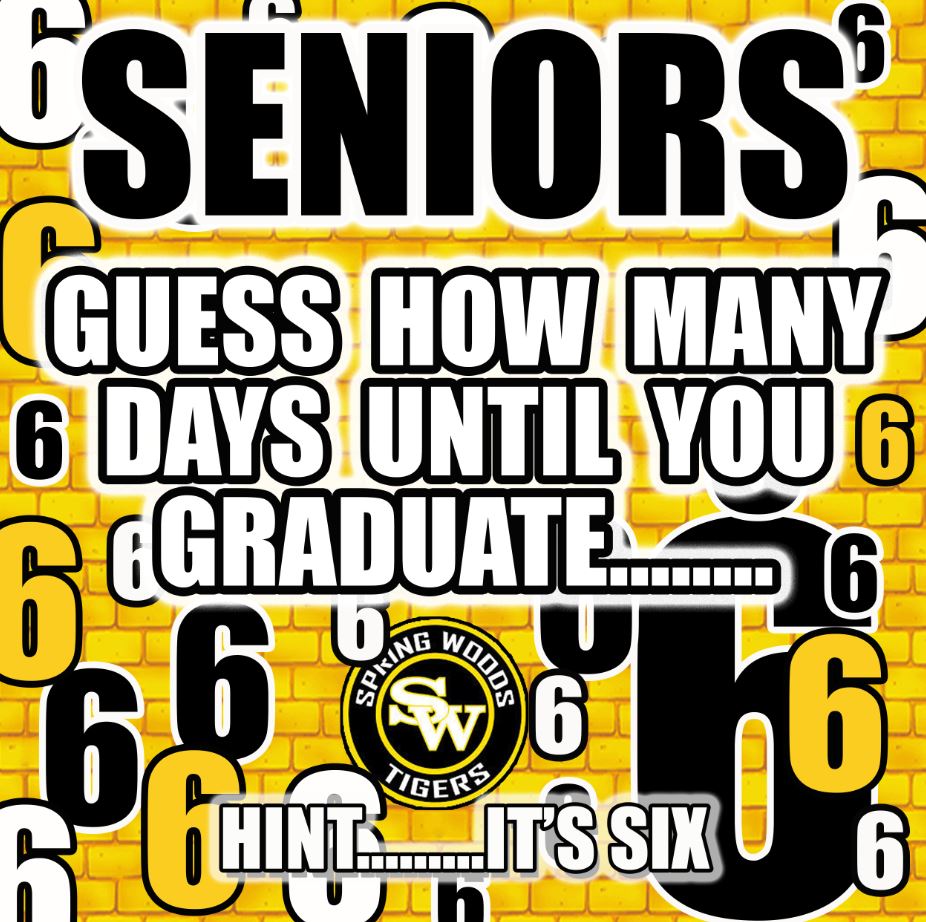 SpringWoodsHigh's tweet image. One week from today you will be alumni of SWHS!  Crazy!  6 days left Tigers!  #allmeansall #classof2023rules #TigerProud