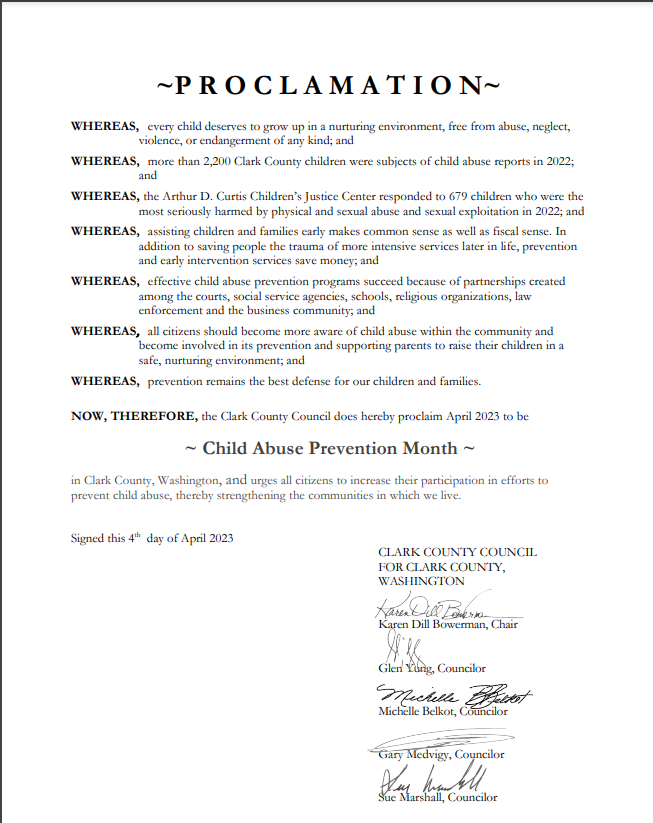 ChildJusticeCtr's tweet image. Thank you to the @ClarkCoWA Council for the #Proclamation that April is #ChildAbusePreventionMonth!

@ChildJusticeCtr encourages all individuals &amp;amp; organizations to help make #ClarkCountyWA a better place for children &amp;amp; families. 

#ProtectChildren
#CAPMonth
#IAmPrevention