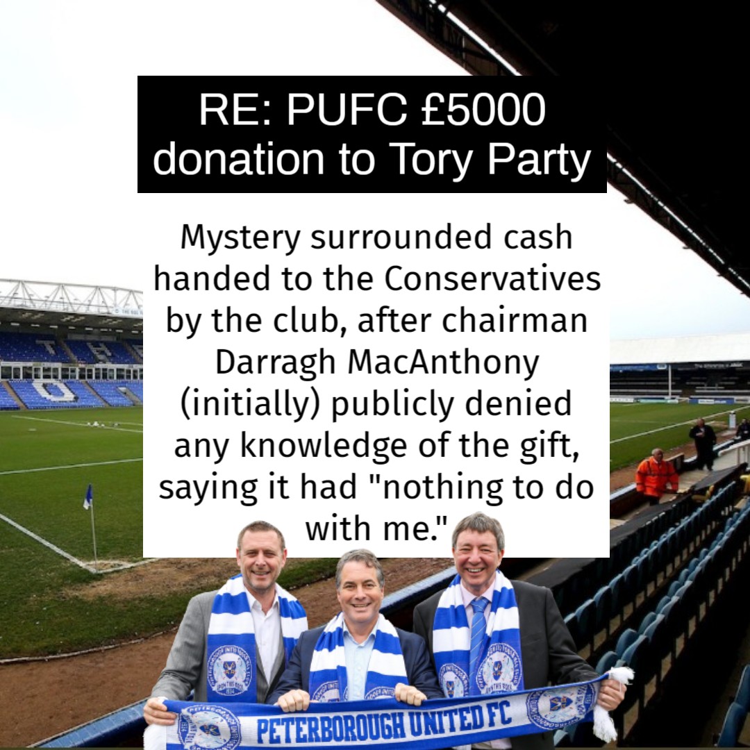 Darren_Fower's tweet photo. If formal plans are submitted for a new stadium 🏟️ on #TheEmbankment by the club, There'll need to be questions asked as to any other "gifts" local Tory politicians may have received⁉️
#PUFCconsDonation #PUFC #StewartThompson #PeterboroughUnited #ABAXStadium #DarraghMacAnthony https://t.co/lq8mYY4Nlf