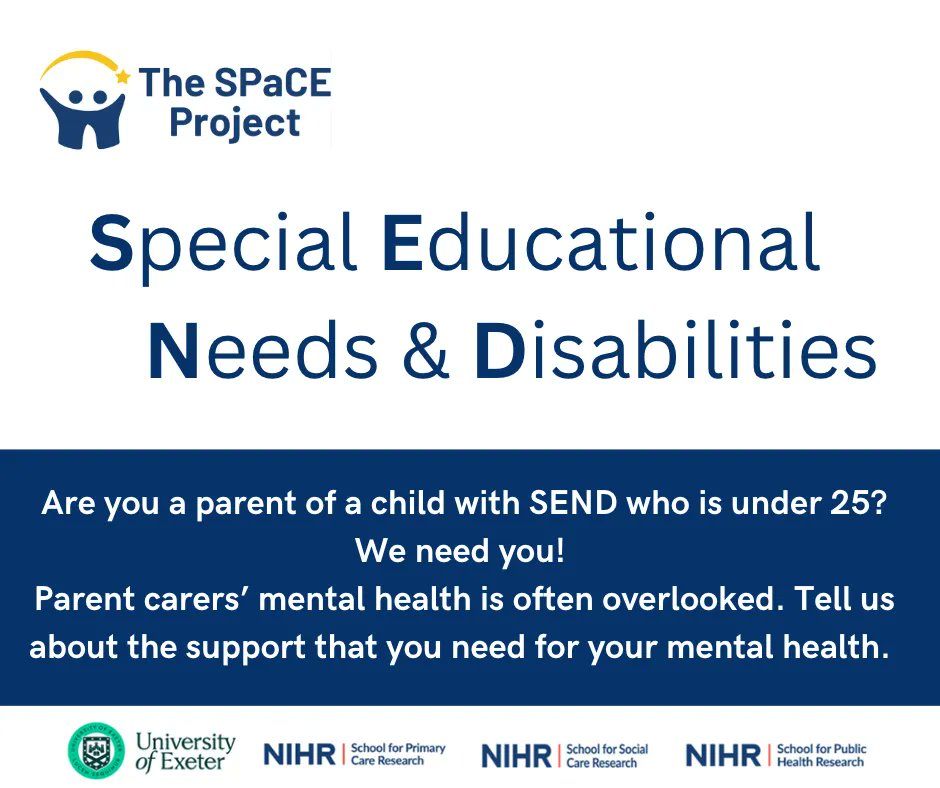 Are you a parent carer of a child or young person with #SEND? Please complete this short survey about parent carer experiences of getting support for your mental health. Your feedback will help to improve support for parent carers. buff.ly/3Jpoy12 
<a href="/spaceexeteracu1/">space@exeter.ac.uk</a>