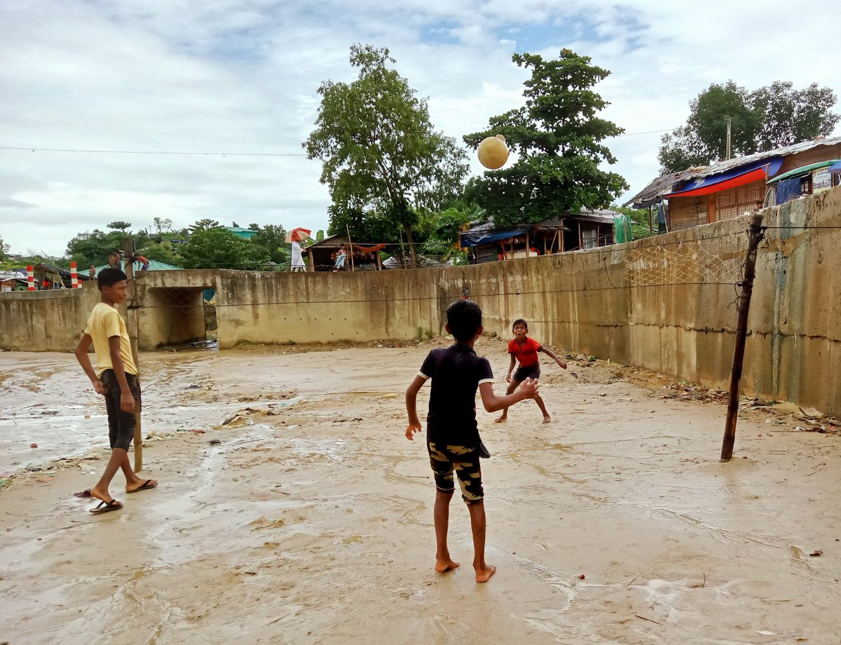 Three Rohingya refugee children are playing Myanmar traditional chinlon in Bangladesh refugee camp.we love to play chinlon with friends because this is a very interested sport in Myanmar. #mdzubairphotography