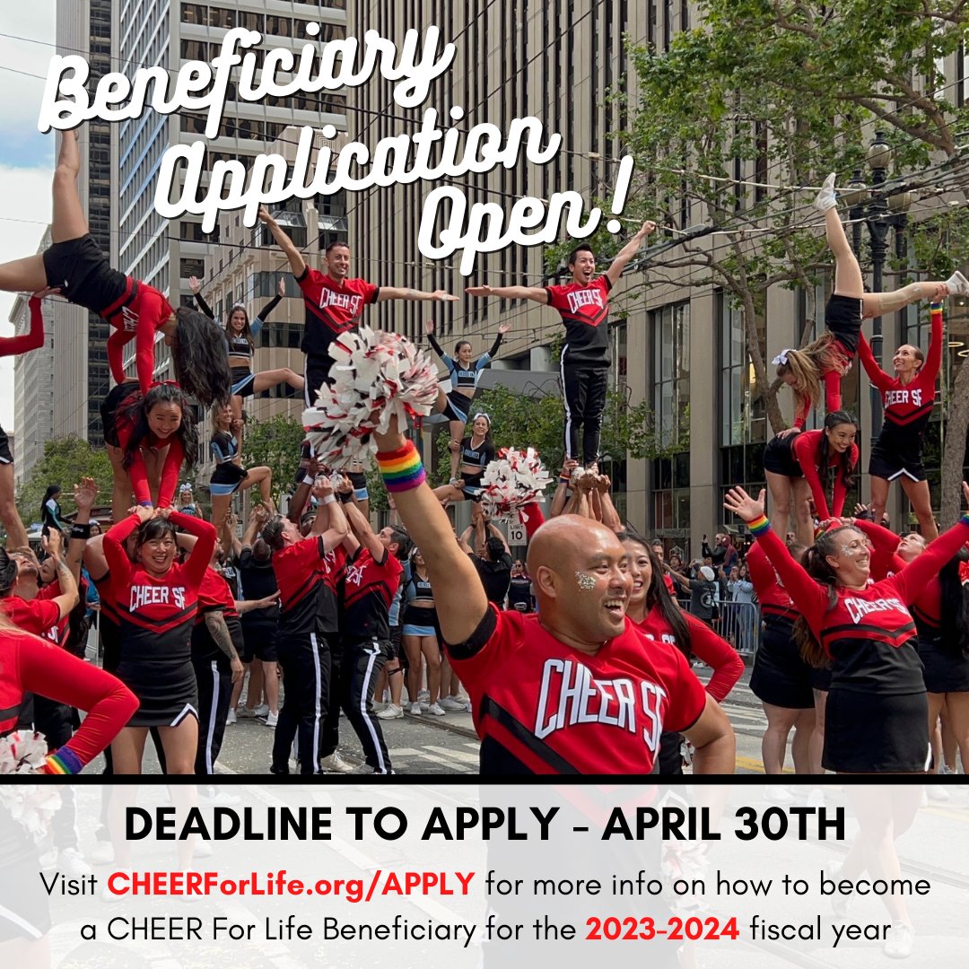 CHEERSF's tweet photo. BENEFICIARY APPLICATIONS - Deadline to apply is April 30th!

Visit https://t.co/yOwLfx6YIO for more info on how to become a beneficiary for our 2023-2024 season.

Apply today or share with an organization you care about!
.
#cheerforlifefoundation #CHEERSF https://t.co/Vr0cIhQ6Fq