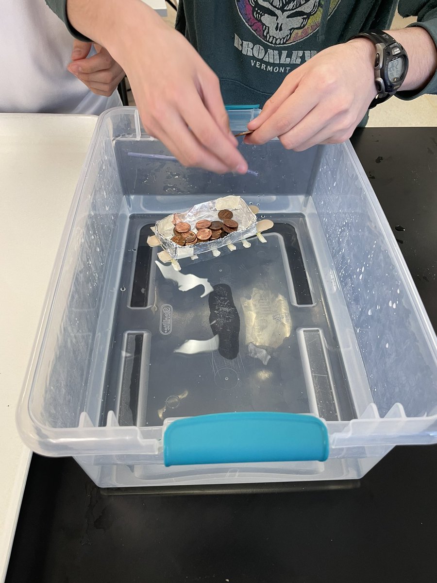 MsSchillingGC's tweet photo. Students in PLTW DDP designed and created boats out of tin foil, popsicle sticks and straws. The goal was for their boat to hold as many pennies as possible without sinking! 
Three groups created boats that were able to hold 81+ pennies! @Garden_City_HS @HagerScience https://t.co/k2YORXMIHL