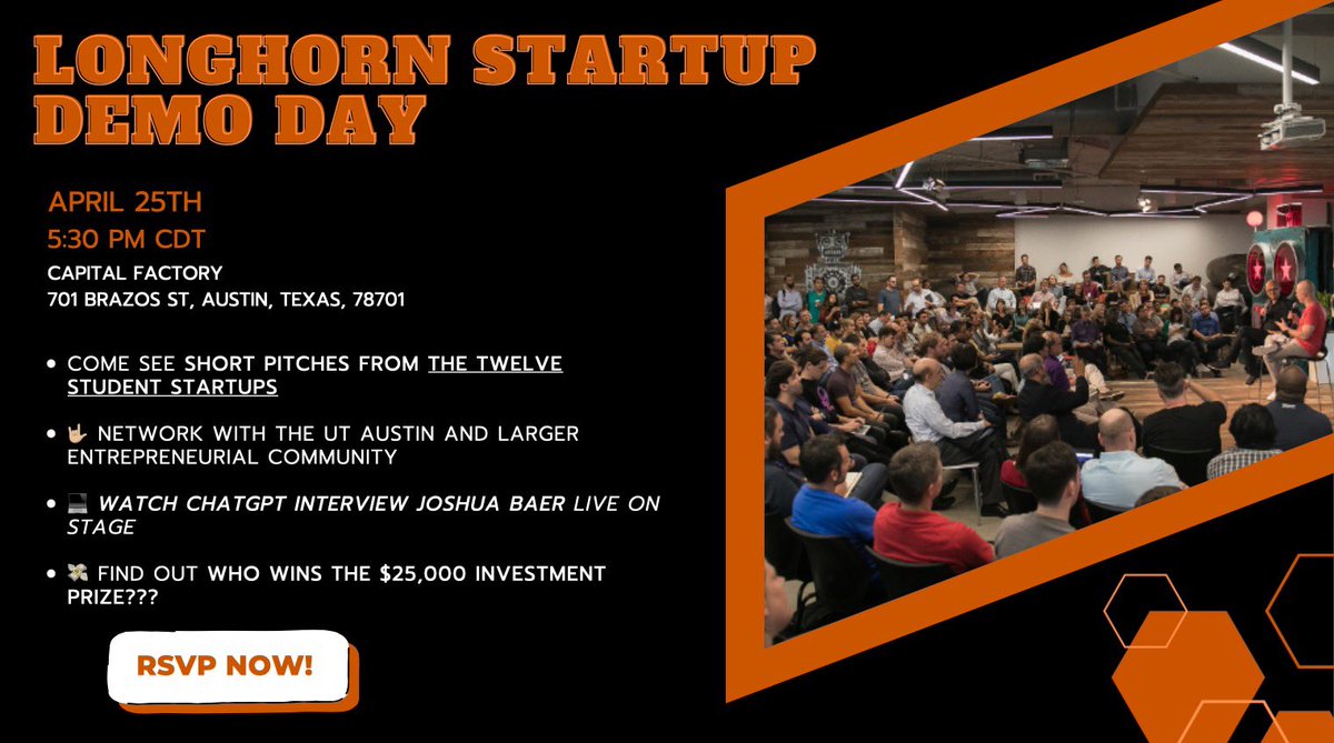 Demo Day 2023 is almost here!! April 25th at the Capital Factory. RSVP Today!                                                gatsby.events/rsvp/longhorn-…
