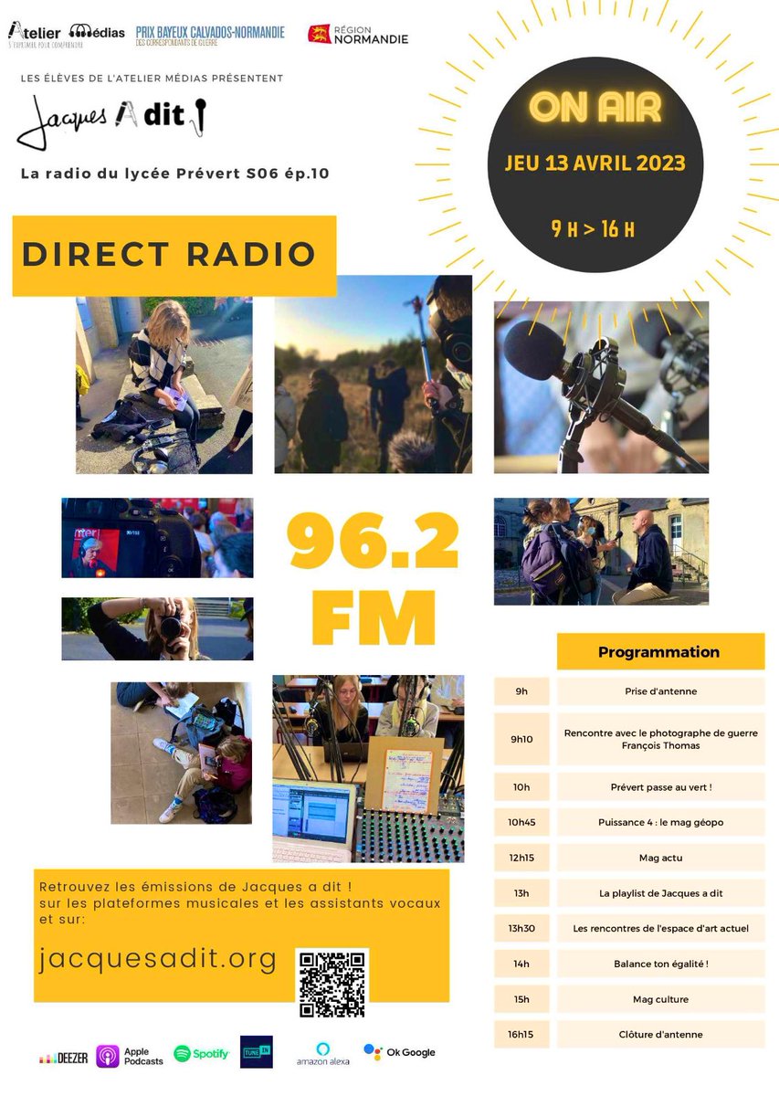 Jacques a dit ! La radio du lycée Prévert revient le 13 avril de 9h a 16h ! Écoutez les émissions produites par les élèves de <a href="/PressePrevert/">L'Atelier médias / Jacques a dit !</a> sur 96.2 FM, 20 km autour de Pont-Audemer et en direct sur jacquesadit.org #EMI #Radio #SPME2023 merci <a href="/Arcom_Caen/">Arcom Caen</a> !