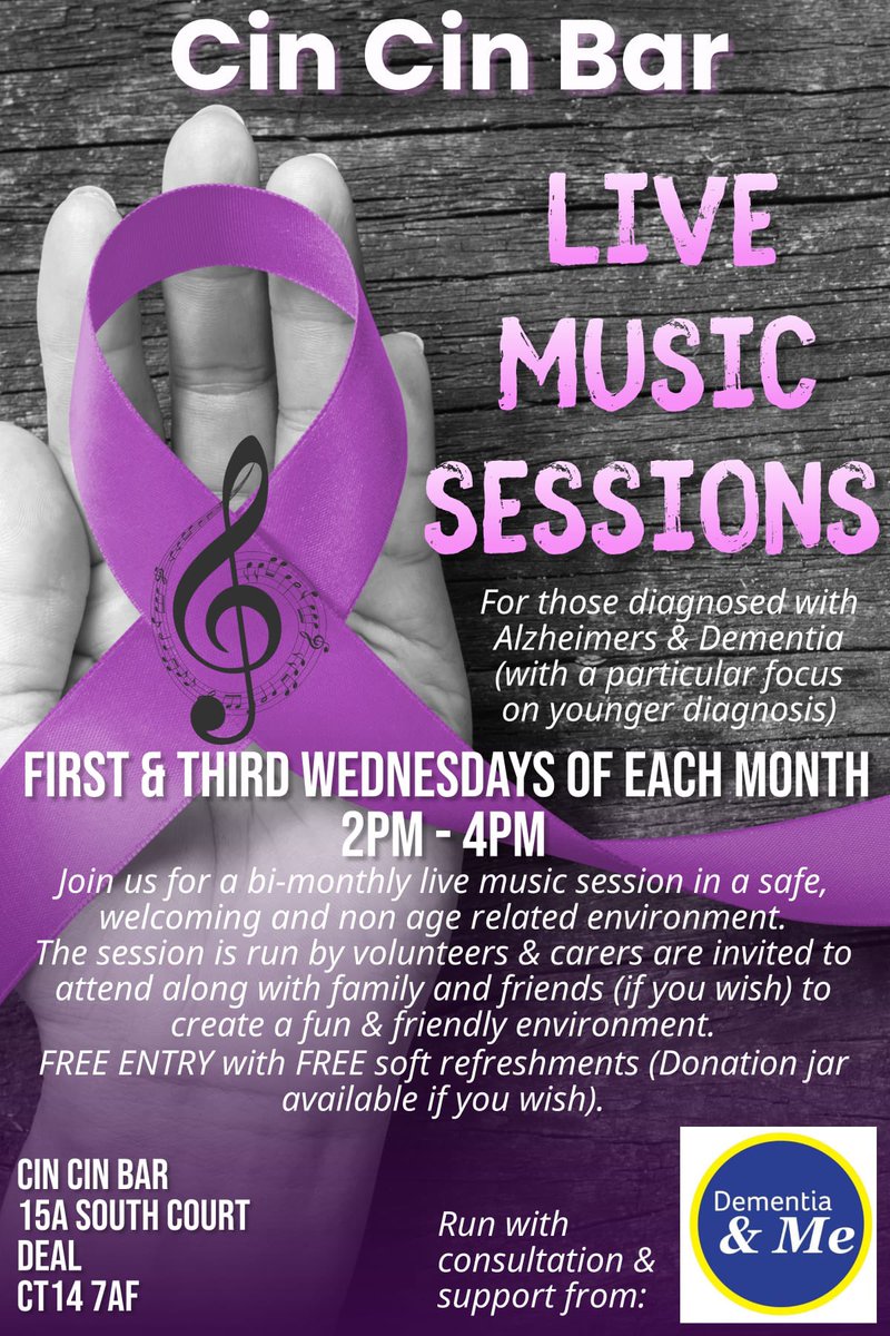 sandowncastle1's tweet photo. Do you know anyone in Deal Kent with Alzheimer’s/dementia? Free live music afternoons @CinCinMusicBar 1st &amp; 3rd Weds in the month 2-4pm. Family &amp; friends welcome. Please share thank you @DoverDC @RotaryPirates @Deal_Town @alzheimerssoc @ageukskc https://t.co/QVJ6Vm5ddf
