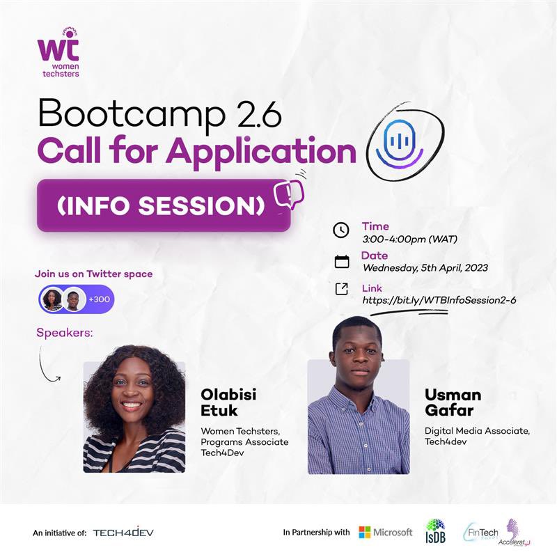 To help you navigate the application process seamlessly, we're hosting an info session on Twitter Live tomorrow at 3:00pm (WAT)
 
During the session, we'll provide all the information you need about the Women Techsters Bootcamp and how to apply.

#WomenTechsters #WTB #Tech4Dev